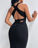 Crisscross Backless Tied Detail Ribbed Dress