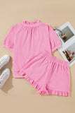 Pink Half Zip Puff Sleeve Top and Ruffled Shorts Set