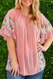 Pink Plus Size Floral Patchwork Ruffled Short Sleeve Blouse