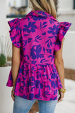 Rose Floral Print Collared Button Neckline Flutter Sleeve Blouse