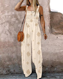 Embroidery Patchwork Thick Strap Square Neck Shirred Jumpsuit Wide Leg Vacation Overalls with Pockets