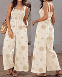 Embroidery Patchwork Thick Strap Square Neck Shirred Jumpsuit Wide Leg Vacation Overalls with Pockets