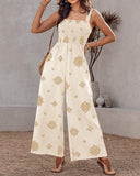 Embroidery Patchwork Thick Strap Square Neck Shirred Jumpsuit Wide Leg Vacation Overalls with Pockets