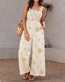 Embroidery Patchwork Thick Strap Square Neck Shirred Jumpsuit Wide Leg Vacation Overalls with Pockets