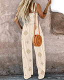 Embroidery Patchwork Thick Strap Square Neck Shirred Jumpsuit Wide Leg Vacation Overalls with Pockets