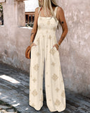 Embroidery Patchwork Thick Strap Square Neck Shirred Jumpsuit Wide Leg Vacation Overalls with Pockets