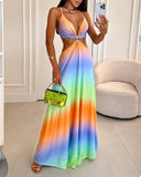 Colorful Ombre Crisscross Backless Maxi Dress