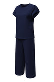 Navy Blue Solid Color Textured Short Sleeve Top and Casual Pants Set
