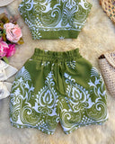 2 Pieces Summer Outfits Floral Print V Neck Spaghetti Strap Crop Top and Casual Waist Drawstring Shorts Set