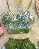 2 Pieces Summer Outfits Floral Print V Neck Spaghetti Strap Crop Top and Casual Waist Drawstring Shorts Set