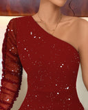 Glitter One Shoulder Long Sleeve Bodycon Dress Sheer Mesh Patchwork Ruched Mini Dress