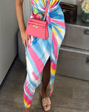 Tie Dye Print Ruched Plunge Slit Dress