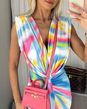 Tie Dye Print Ruched Plunge Slit Dress