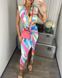 Tie Dye Print Ruched Plunge Slit Dress