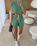 2 Pieces Outfit Paded Shoulder Pullover Crop Tank and Casual Drawstring Shorts Set