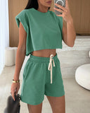 2 Pieces Outfit Paded Shoulder Pullover Crop Tank and Casual Drawstring Shorts Set