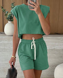 2 Pieces Outfit Paded Shoulder Pullover Crop Tank and Casual Drawstring Shorts Set