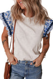 Blue Ricrac Trim Printed Flutter Sleeve Contrast Patchwork Blouse