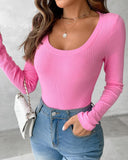 Long Sleeve U Neck Skinny Ribbed Top