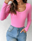 Long Sleeve U Neck Skinny Ribbed Top