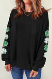 Black Sequin Clover Patched Drop Shoulder Sweatshirt
