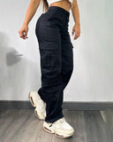 Pocket Design Button Front Cargo Pants Casual High Waisted Cuffed Pants