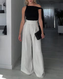 Solid Color High Waist Pleated Wide Leg Casual Pants
