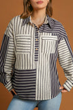 Black Stripe 2-tone Patchwork Half Buttons Chest Pockets Casual Blouse