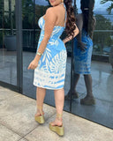 2 Pieces Outfit Tropical Plants Print Sexy Halter Front Slit Top and Casual Shorts Set