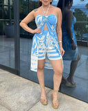 2 Pieces Outfit Tropical Plants Print Sexy Halter Front Slit Top and Casual Shorts Set