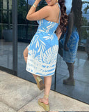 2 Pieces Outfit Tropical Plants Print Sexy Halter Front Slit Top and Casual Shorts Set