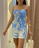 2 Pieces Outfit Tropical Plants Print Sexy Halter Front Slit Top and Casual Shorts Set