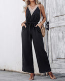 Colorblock V Neck Sleeveless Shirred Tied Detail Cutout Jumpsuit Elegant Overall