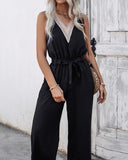 Colorblock V Neck Sleeveless Shirred Tied Detail Cutout Jumpsuit Elegant Overall