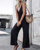 Colorblock V Neck Sleeveless Shirred Tied Detail Cutout Jumpsuit Elegant Overall