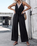 Colorblock V Neck Sleeveless Shirred Tied Detail Cutout Jumpsuit Elegant Overall