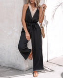 Colorblock V Neck Sleeveless Shirred Tied Detail Cutout Jumpsuit Elegant Overall