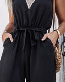 Colorblock V Neck Sleeveless Shirred Tied Detail Cutout Jumpsuit Elegant Overall