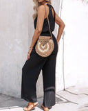 Colorblock V Neck Sleeveless Shirred Tied Detail Cutout Jumpsuit Elegant Overall