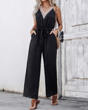 Colorblock V Neck Sleeveless Shirred Tied Detail Cutout Jumpsuit Elegant Overall