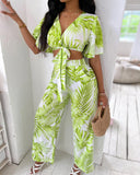 Palm Leaf Print Plunge Top & Wide Leg Pants Set