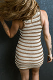 Khaki Stripe Hollowed Knit Sleeveless Sweater Dress