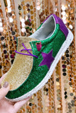 Tillandsia Purple Mardi Gras Star Glitter Color Block Patched Slip On Shoes