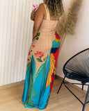 Floral Print Thick Strap Slit Maxi Dress Casual Slim Fit Vacation Dress