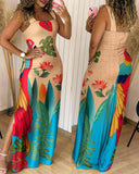 Floral Print Thick Strap Slit Maxi Dress Casual Slim Fit Vacation Dress