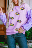 Orchid Petal Mardi Gras Doughnut Graphic Sequin Patchwork Long Sleeve Top