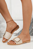 Beige Buckle Decor Linen Upper Flat Slippers