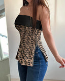 Geometric Print Bandeau Zipper Design Top