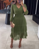 V Neck Long Sleeve Mesh Patchwork Casual Cinch Layered Mid Calf Dress