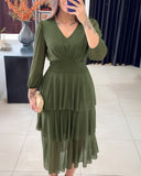 V Neck Long Sleeve Mesh Patchwork Casual Cinch Layered Mid Calf Dress